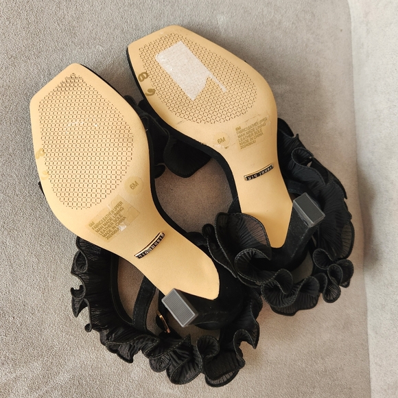 Gianni Bini dress sandals 6 black suede chiffon ruffle Franz high heels new  $110